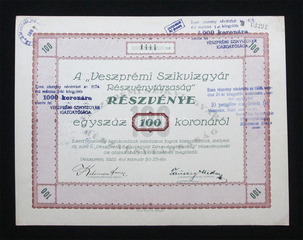 Veszprmi Szikvzgyr rszvny 100 korona 1922